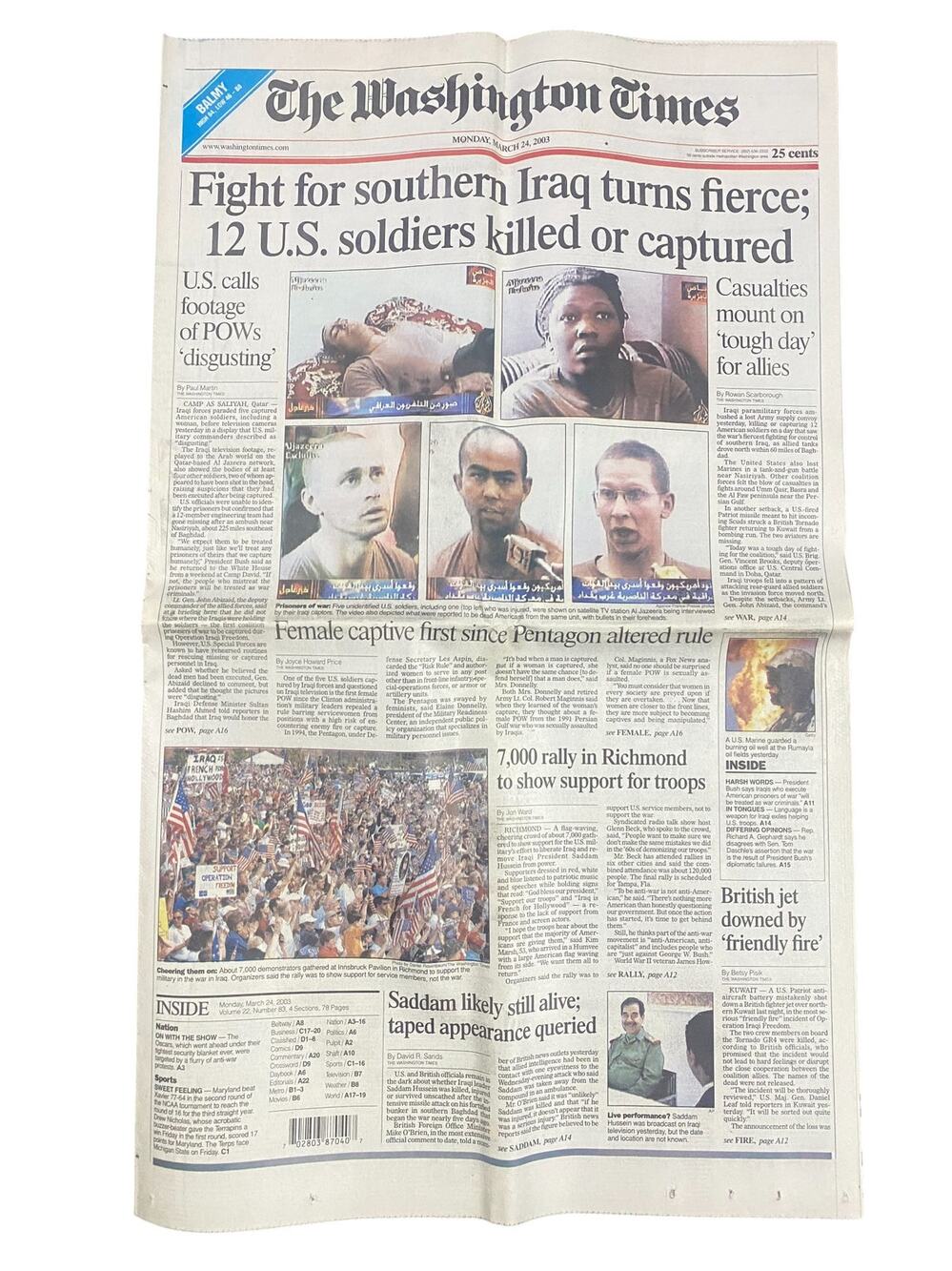 Washington Times Newspaper March 24 2003 Fight For South Iraq Turns Fierce